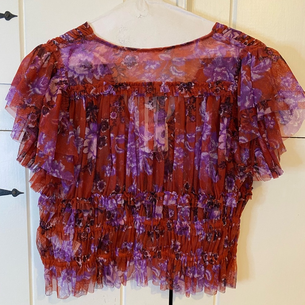 Free People | Mesh Raw Hem V-Neck Top with Layered Sleeves & Smocked Waist-M - Picture 2 of 8